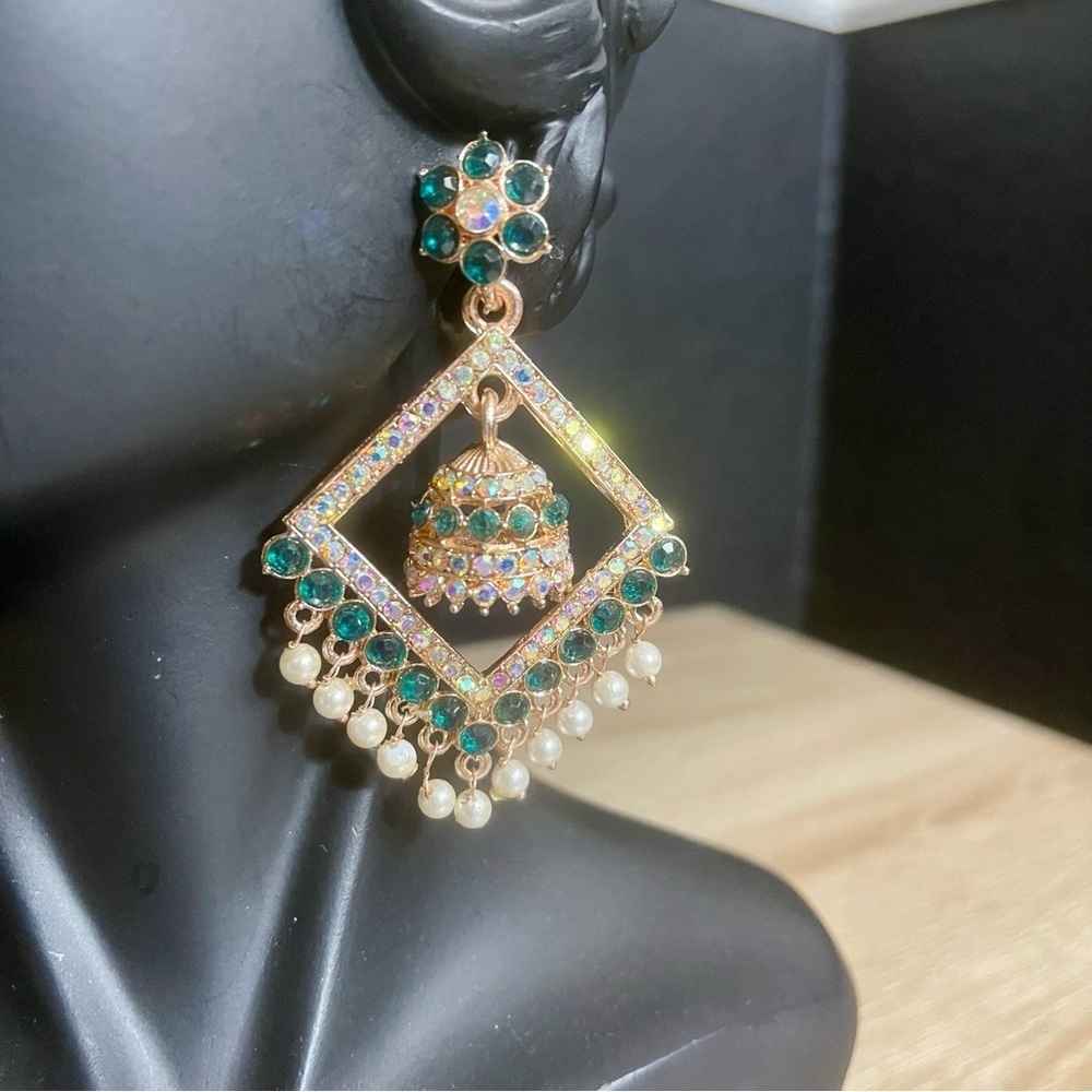 Gold and Green Dangle Earrings